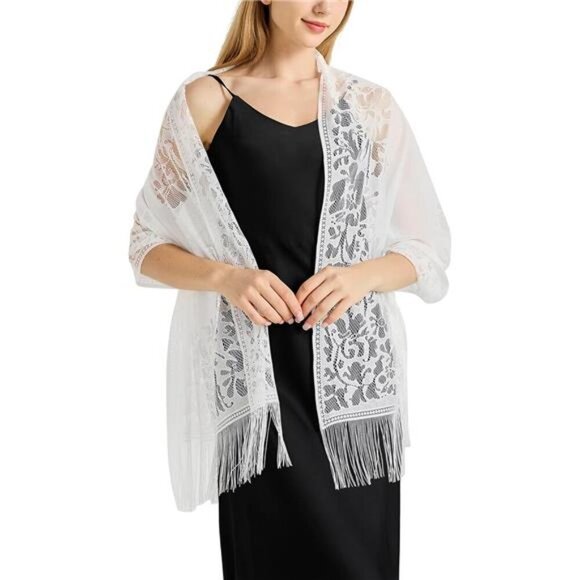 Lace Floral Shawls Wraps White2 - Picture 5 of 6